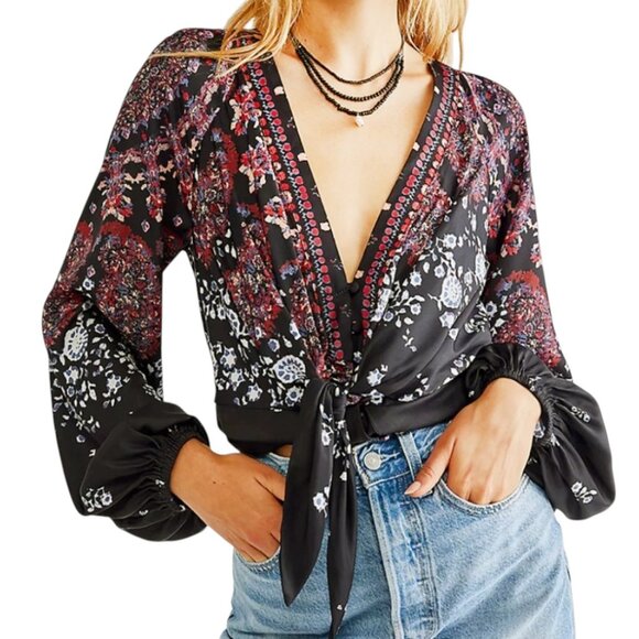 FREE PEOPLE FLORAL BOHO NIGHT COMBO BLOUSE ROMANTIC HIPPIE FLOWER CHILD SMALL - Picture 3 of 9